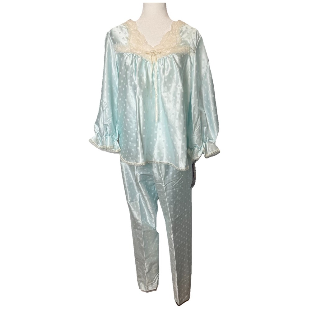 Vtg Lily of France Sz S Powder Blue Satin Lace Pajama Set 2-Piece‎ Sleepwear NWT